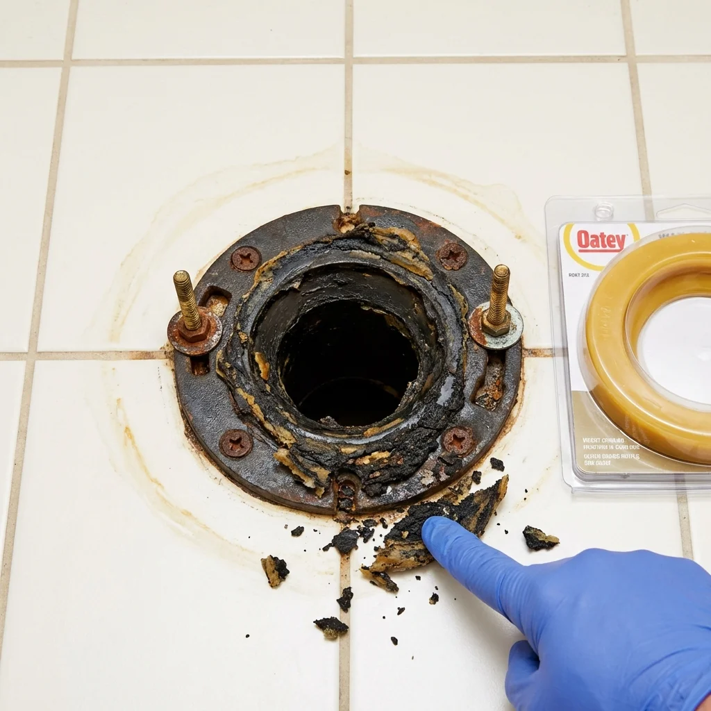 Failed wax ring showing water seepage at the base of a toilet in a Brookfield, MO home