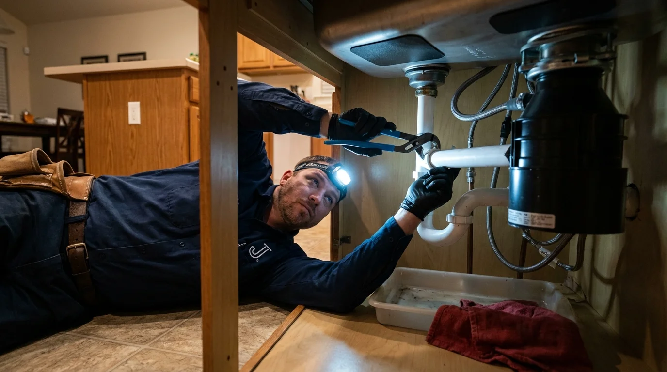 P-trap and supply line connections under a kitchen sink showing a common leak point in Brookfield, MO
